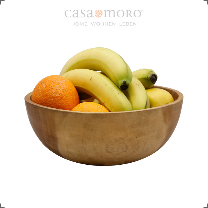 Portafrutta in legno di teak naturale riempito con frutta