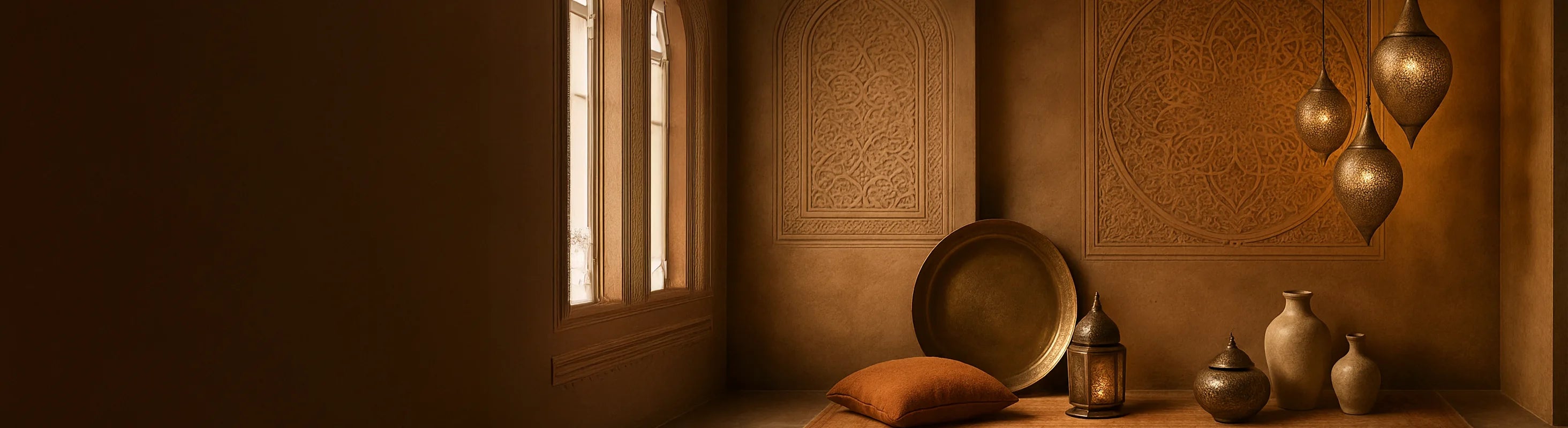 Oriente – Scena orientale con calde tonalità della terra, delicate lampade in metallo, ornamenti intagliati, vasi orientali e accessori decorativi