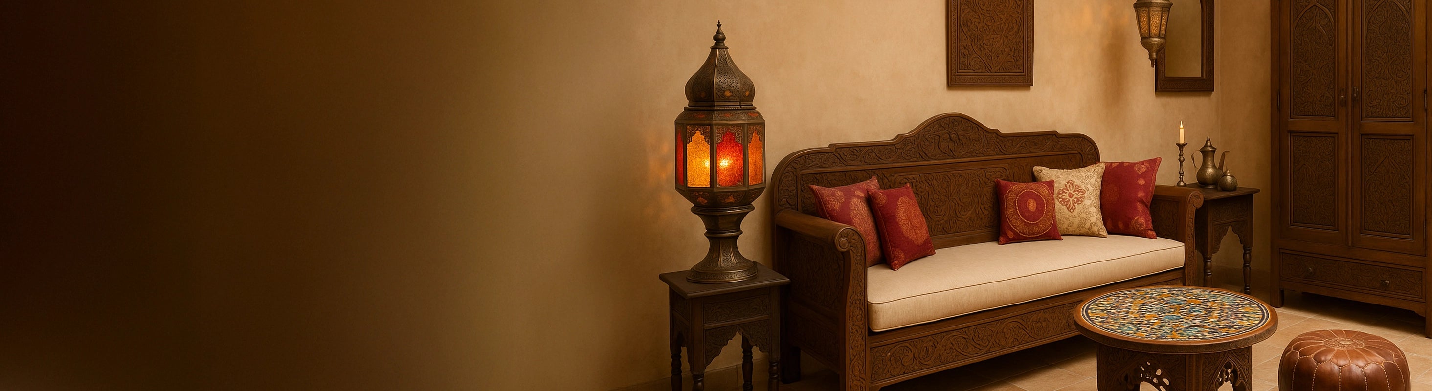 Mobili orientali – Soggiorno con mobili orientali: divano intagliato a mano, tavolo, lanterne marocchine e pouf in pelle in un'atmosfera calda e naturale