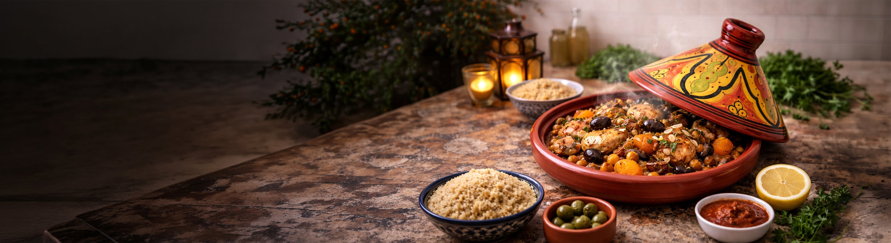 Tagine – Tagine marocchina come una tradizionale casseruola di argilla con coperchio dipinto, piena di pollo, verdure e olive.