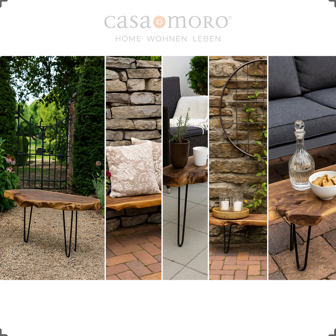 Outdoor-Bank aus massivem Teakholz mit schwarzem Metallgestell in verschiedenen Gartenszenen