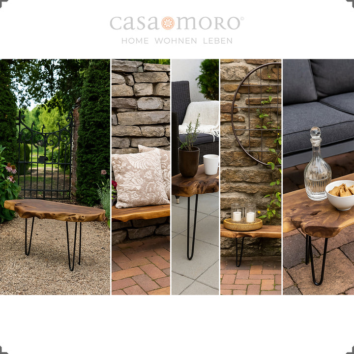 Outdoor-Bank aus massivem Teakholz mit schwarzem Metallgestell in verschiedenen Gartenszenen