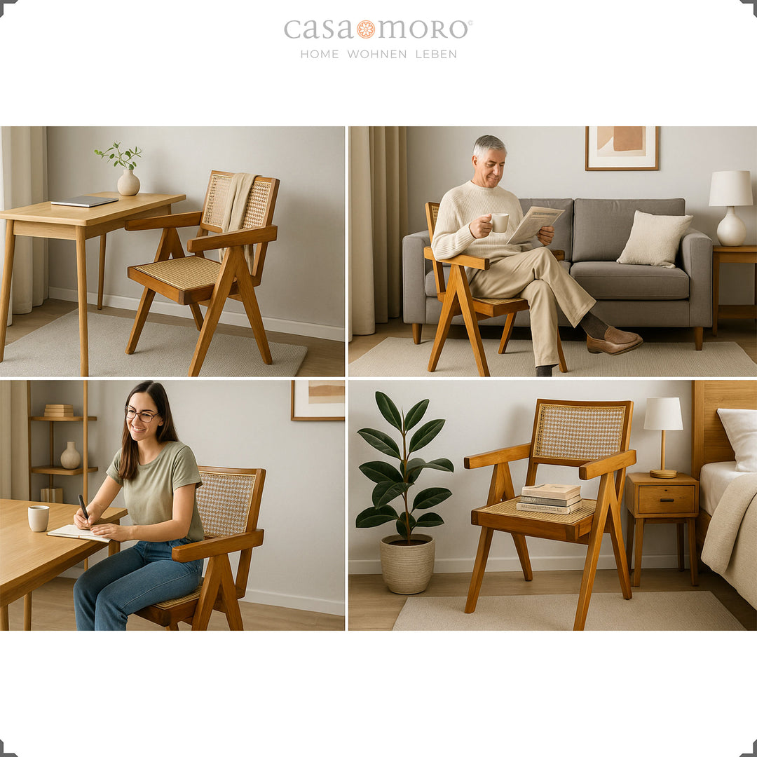 Armlehnstuhl mit Wiener Geflecht in Teakbraun, handgefertigt aus Holz und Rattan – vielseitig im Wohn-, Arbeits- und Schlafzimmer einsetzbar