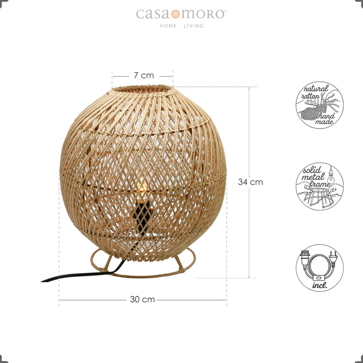 Maßgrafik der Rattan-Tischlampe LP029 mit 30 cm Durchmesser, 7 cm Öffnung und 34 cm Gesamthöhe inklusive Fuß