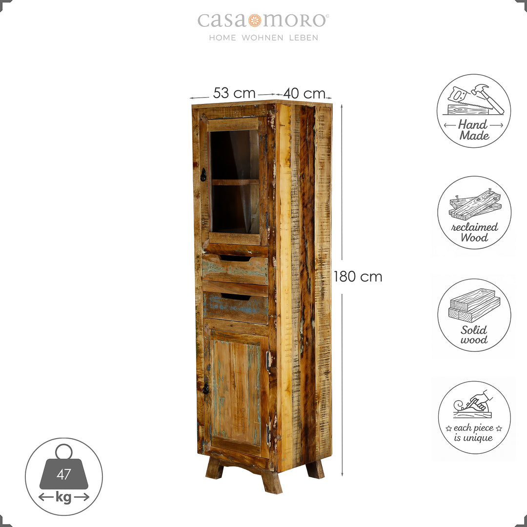 Hochschrank aus massivholz und altholz mit Schublade und Türen, 180 cm hoch, im Vintage-Landhausstil