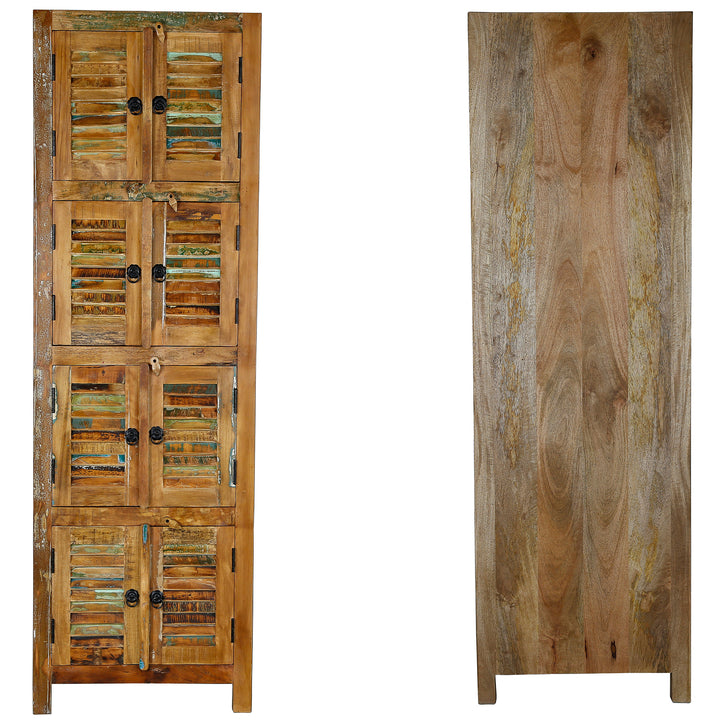 Schrank aus massivem Holz und Altholz im Vintage-Stil, Front- und Rückansicht gezeigt
