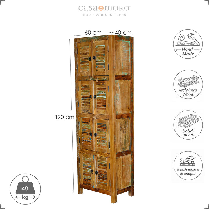 Schmaler Schrank aus massivem Holz und Altholz im Vintage-Stil, 190 cm hoch, 60 cm breit