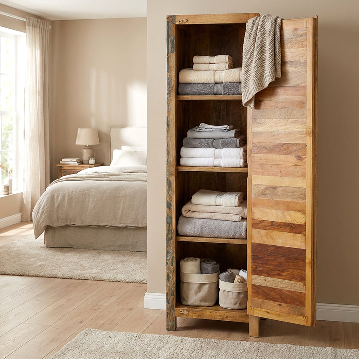 Schmaler Hochschrank aus Massivholz mit vier Fächern im Landhausstil, im Schlafzimmer platziert