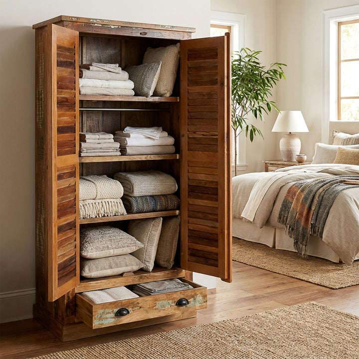Schrank aus massivem Holz und Altholz im Landhausstil, offen im Schlafzimmer platziert