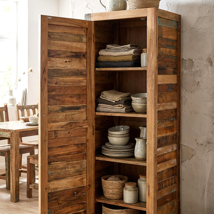 Schmaler Hochschrank aus Massivholz und Altholz im Vintage-Stil, in der Küche platziert