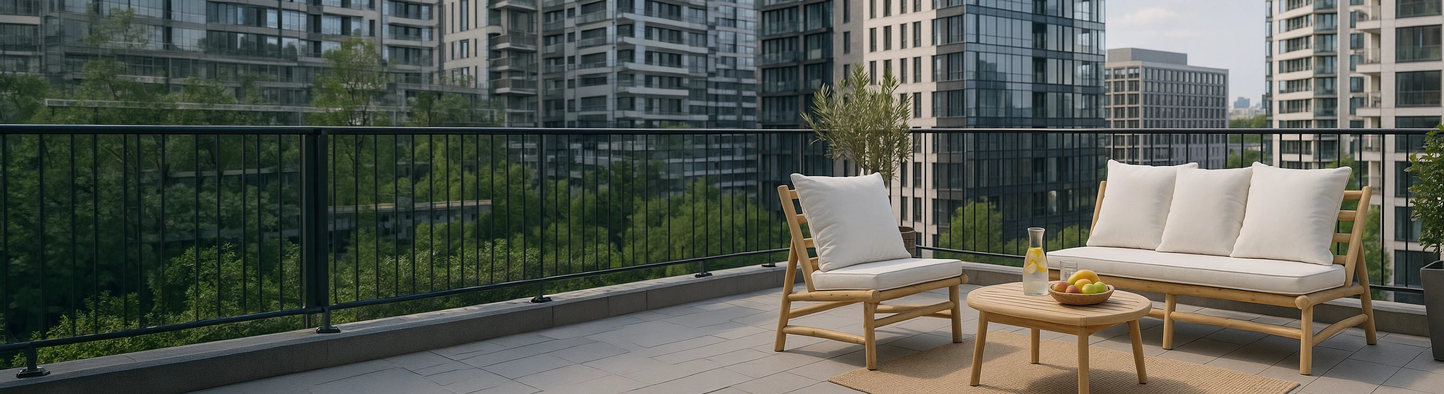 Poltrone e divani – Poltrona e divano in teak con rivestimento sul balcone moderno con vista sulla città - comodi mobili da salotto per uso esterno