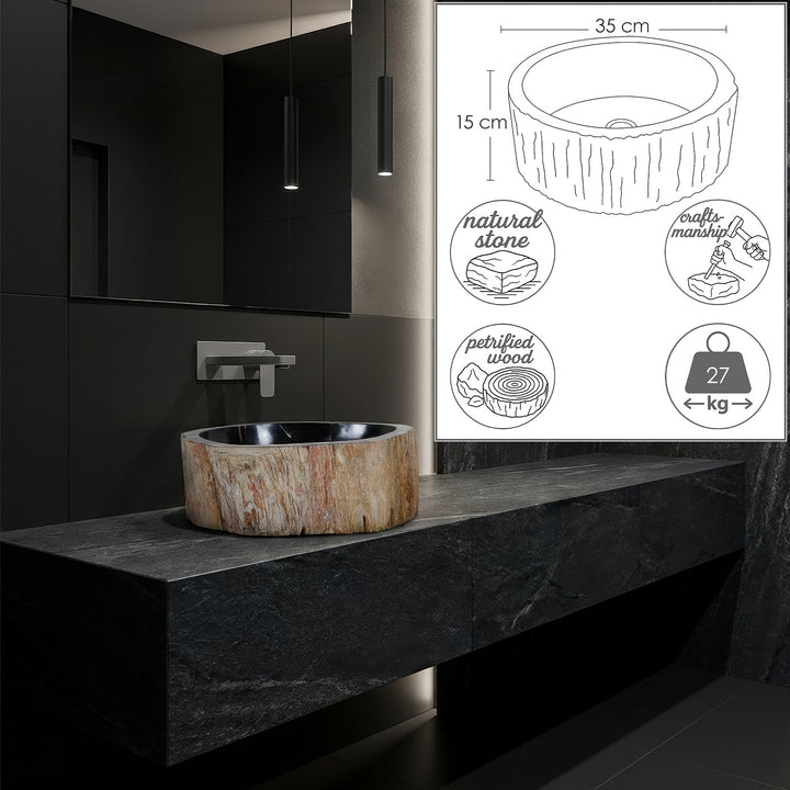 Steinwaschbecken aus versteinertem Holz als rundes Aufsatzwaschbecken, modern inszeniert mit Maßgrafik in dunklem Designerbad.