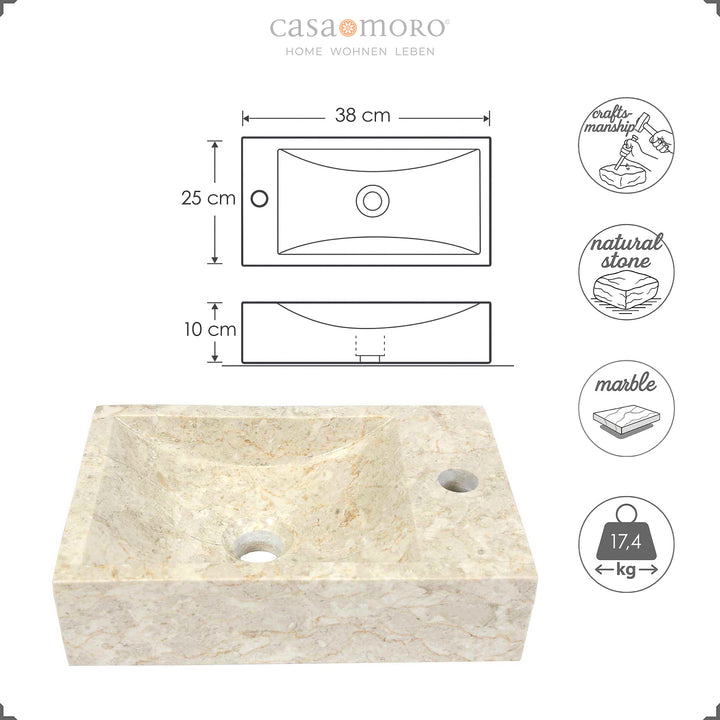 Eckiges Steinwaschbecken aus hellem Naturstein mit Hahnloch, ergänzt durch Maßgrafik mit Breite, Tiefe, Höhe und Gewicht