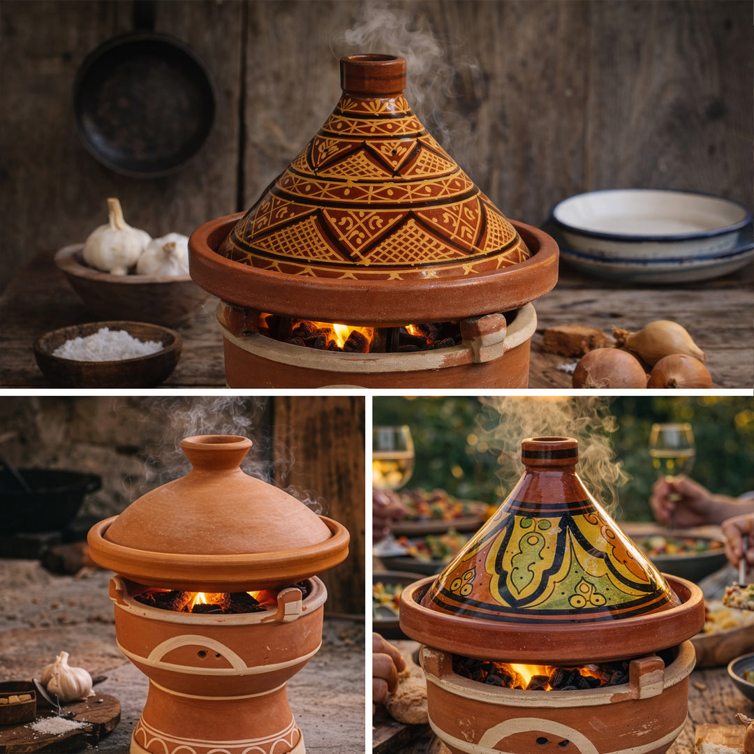 Tajine auf mejmar Stövchen aus Ton für Holzkohle, marokkanischer Tischgrill mit Tagine Varianten im Marokko Stil