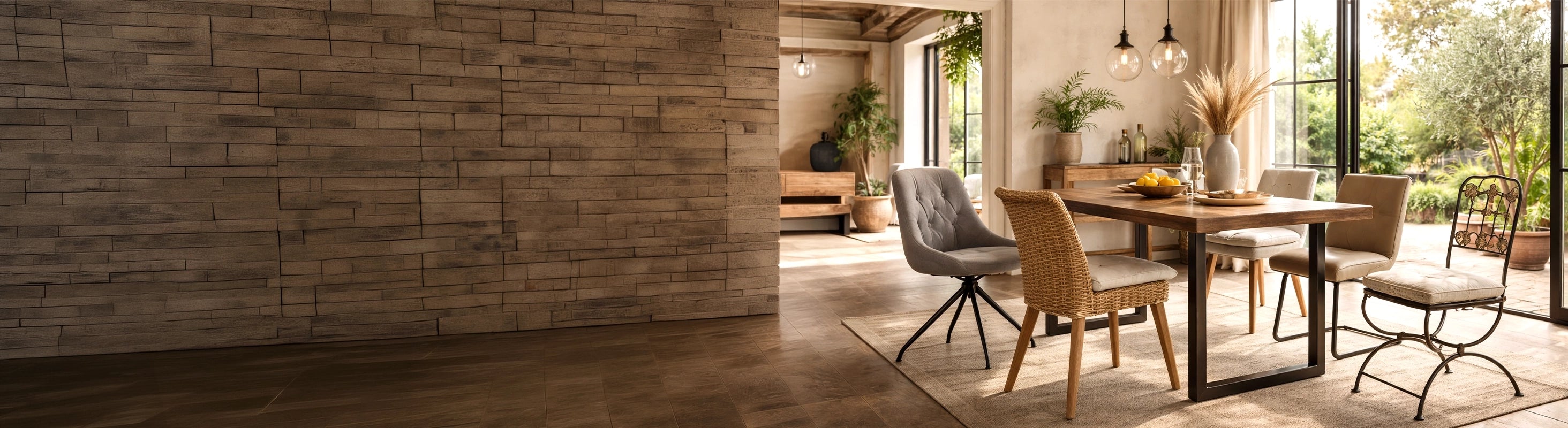 Sedie – verschiedene Stühle aus Metall, Holz, Rattan und Polster am Esstisch im Wohnraum – Kombination aus Esszimmerstühlen für modernes Wohnen