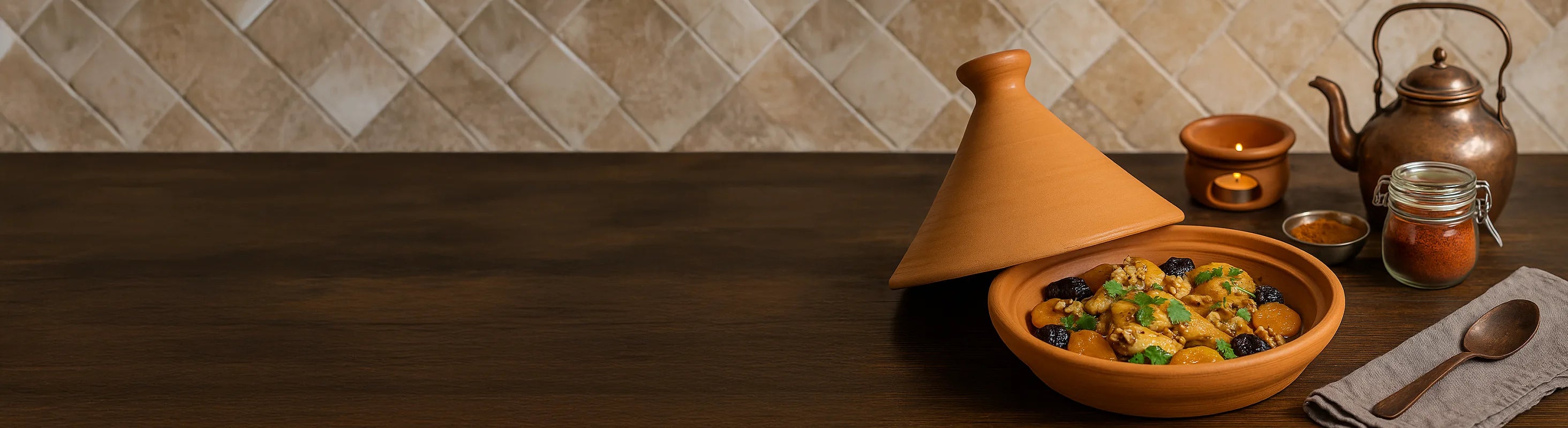 Tajine marocchina – Tagine ripiena di carne brasata, albicocche e frutta secca, decorata con coriandolo fresco