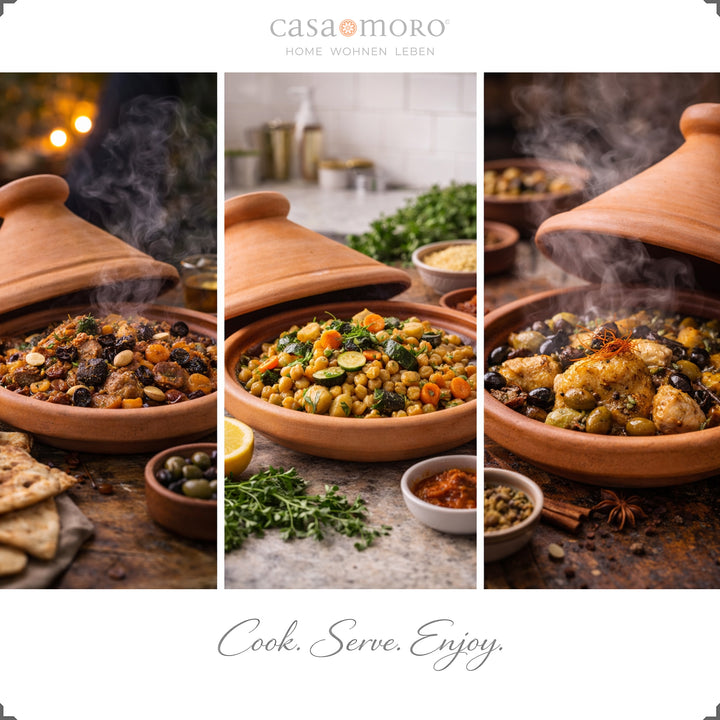 Marokkanische Tagine als unglasierter Schmortopf aus Ton, ideal für Lamm, Hähnchen oder vegetarisch Rezepte