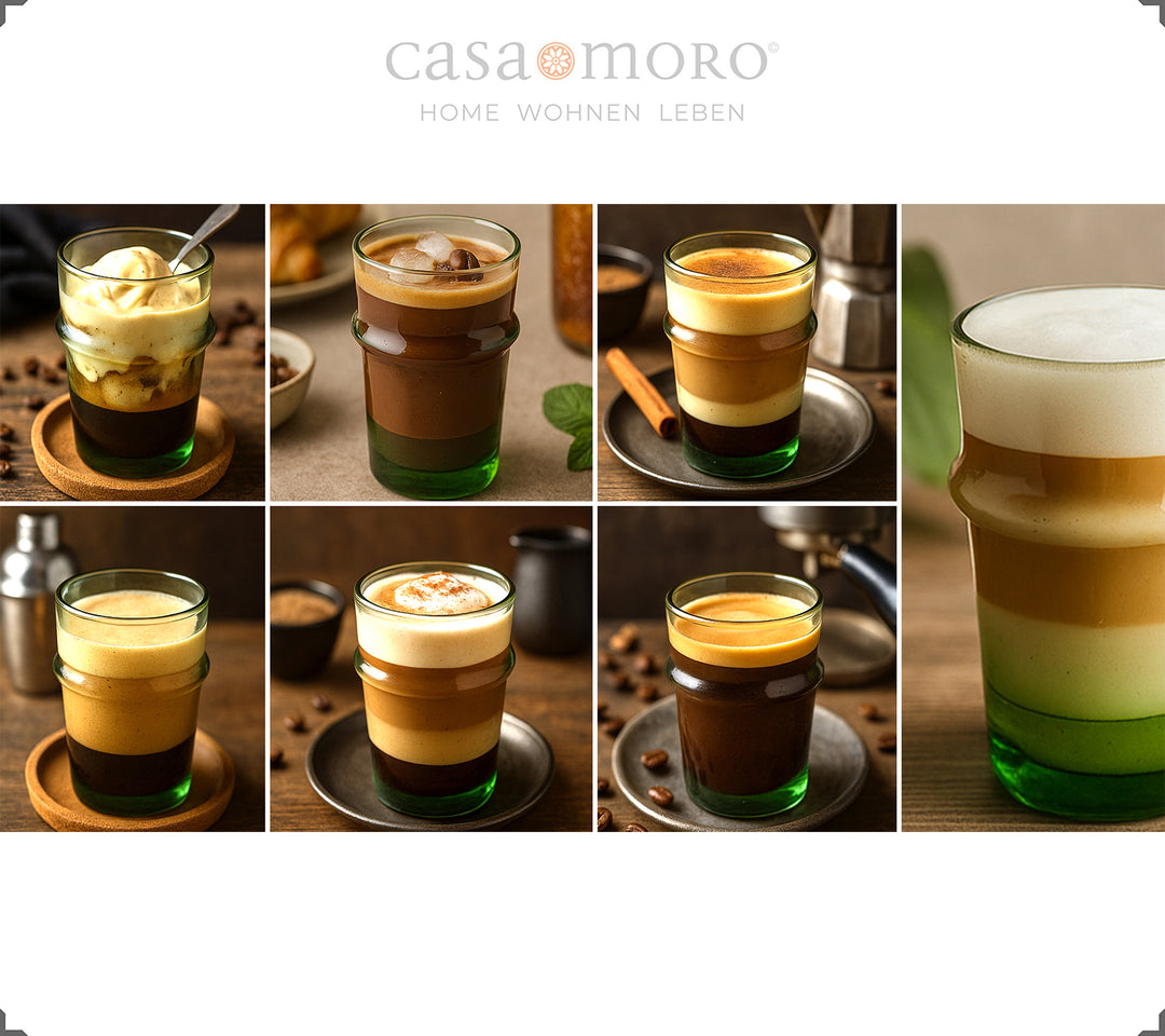 Bicchieri colmi di creazioni di caffè, dal macchiato al dalgona, servite in bicchieri verdi