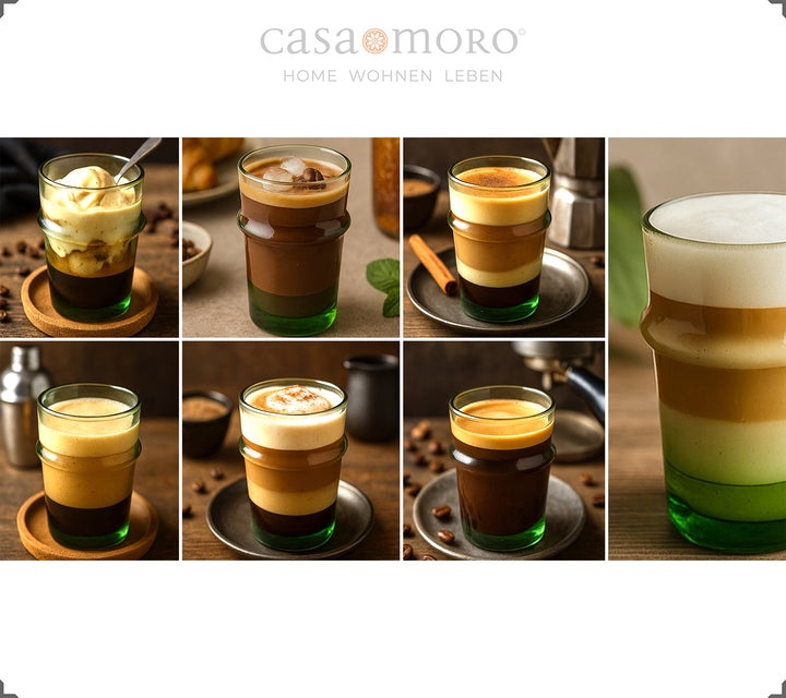Bicchieri colmi di creazioni di caffè, dal macchiato al dalgona, servite in bicchieri verdi