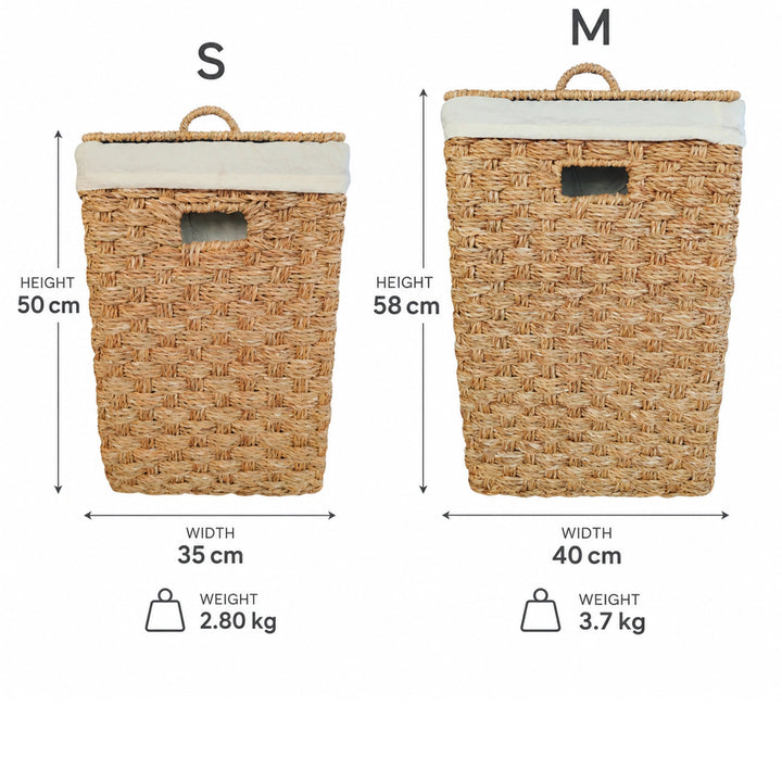 Dimensioni dei cesti quadrati in alghe marine: S 35 × 35 × 50 cm, 2,8 kg, circa 55 litri; M 40 × 40 × 58 cm, 3,7 kg, circa 85 litri.