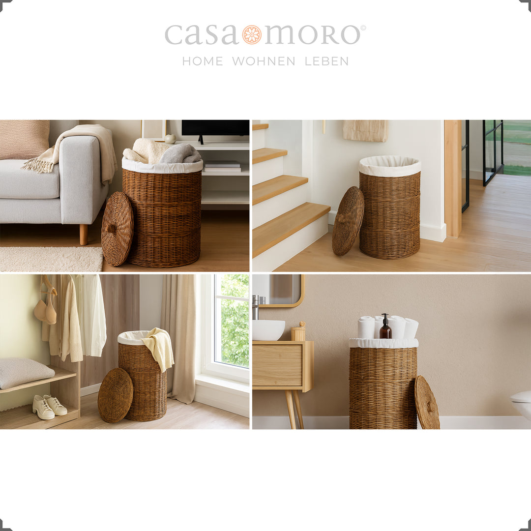 Brauner, geflochtener Wäschekorb aus Rattan in fünf Wohnsituationen – vom Wohnzimmer bis zum Bad vielseitig einsetzba