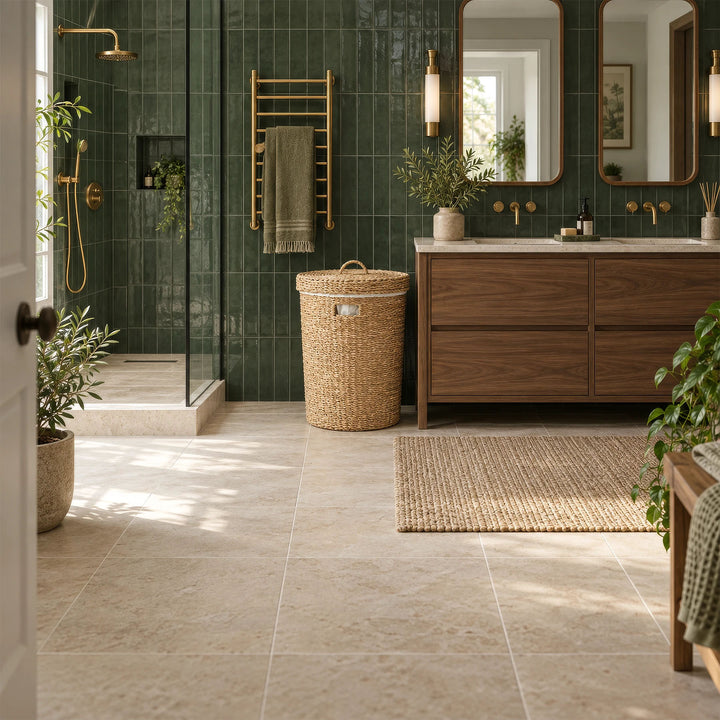 Cesto portabiancheria in alghe marine con coperchio e una capienza di 75 litri, accanto a un lavabo in legno in un bagno piastrellato di verde.