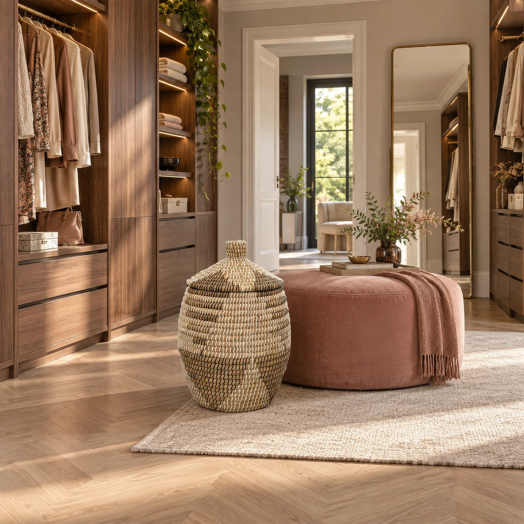 Cesto portabiancheria in alghe marine nei colori naturale/marrone/nero/bianco, con coperchio e una capienza di circa 30 litri, collocato nella cabina armadio.