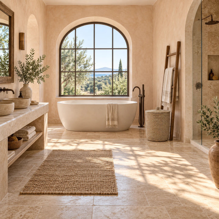 Cesto portabiancheria in vimini con coperchio e una capienza di circa 65 litri, accanto a una scaletta portasciugamani in un bagno in stile mediterraneo.