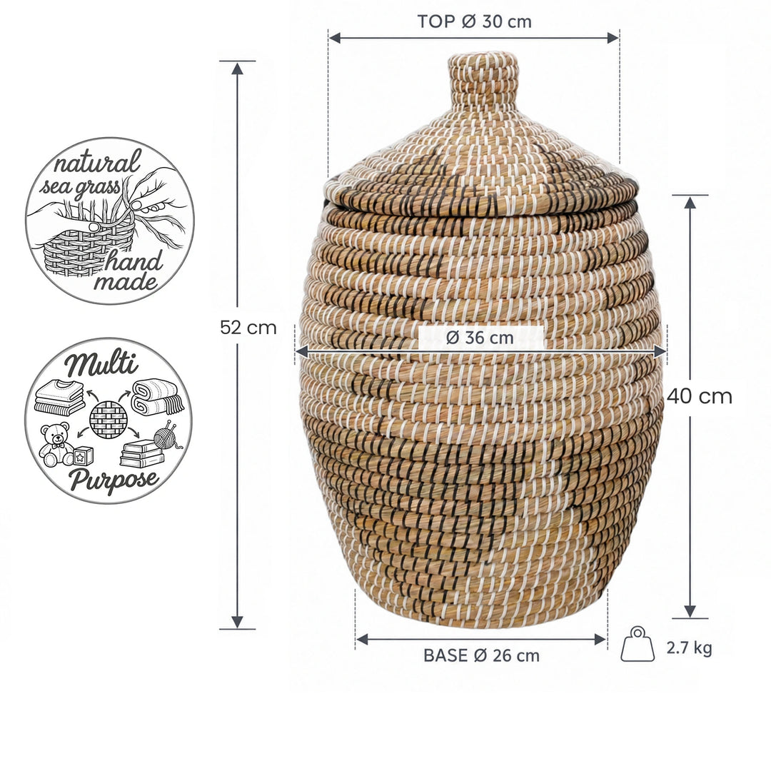 Scheda tecnica: cesto in alghe marine nei colori naturale/marrone/nero/bianco, circa 30 litri, diametro massimo 36 cm e altezza massima 52 cm con coperchio.