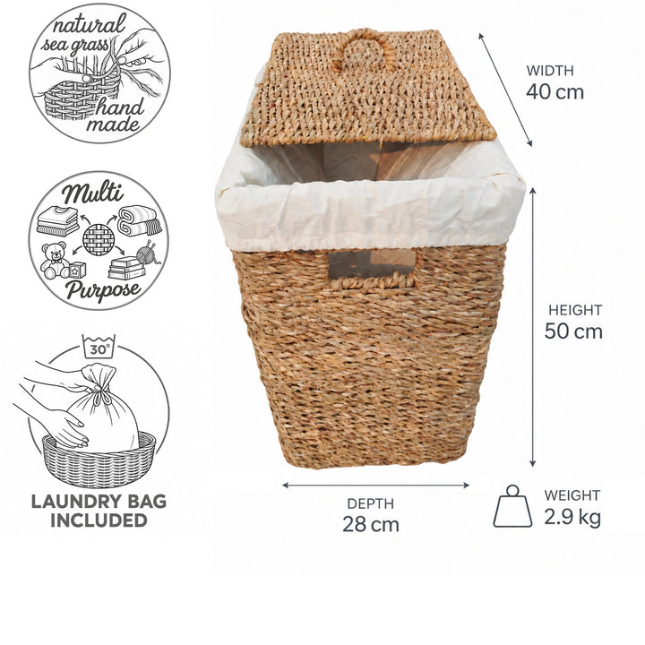 Cesto portabiancheria in alghe marine con una capienza di 50 litri: 40 cm di larghezza, 28 cm di profondità, 50 cm di altezza, 2,9 kg; con coperchio e sacchetto per la biancheria.