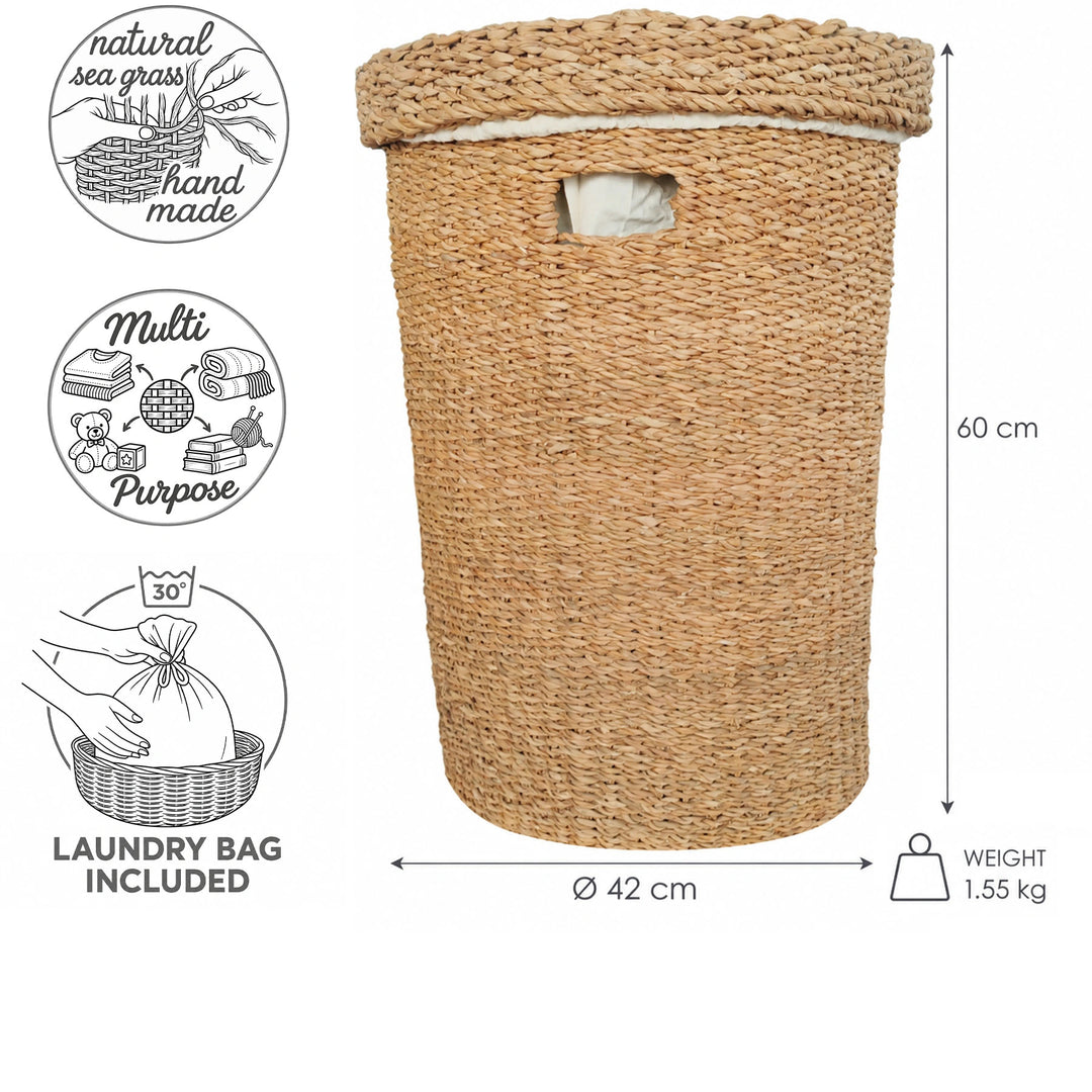 Cesto portabiancheria in alghe marine con coperchio, capacità di 75 litri, Ø 42 cm, altezza 60 cm e sacchetto portabiancheria estraibile.