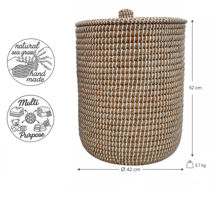 Cesto portabiancheria in alghe marine, colore naturale/bianco: Ø 42 cm, altezza 52 cm, capacità di circa 65 litri e peso di 3,7 kg.