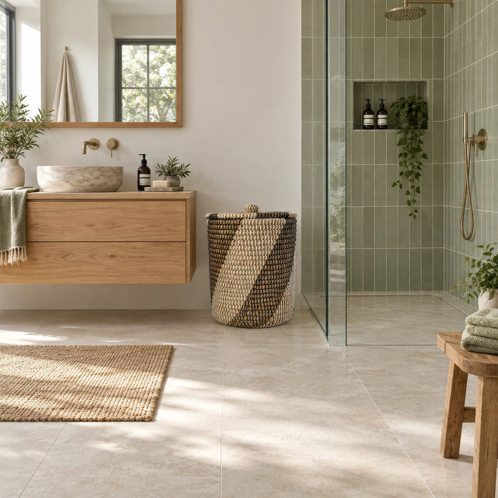 Cesto portabiancheria in alghe marine con una capienza di circa 40 litri e coperchio chiuso, posizionato tra il lavabo e la doccia.
