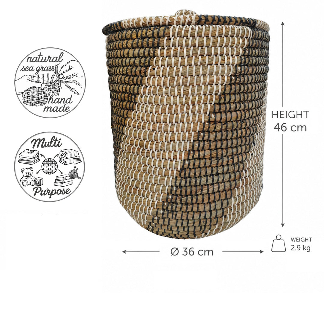 Cesto portabiancheria in alghe marine nei colori naturale/nero/bianco: Ø 36 cm, altezza 46 cm, volume di circa 40 litri e peso di 2,9 kg.