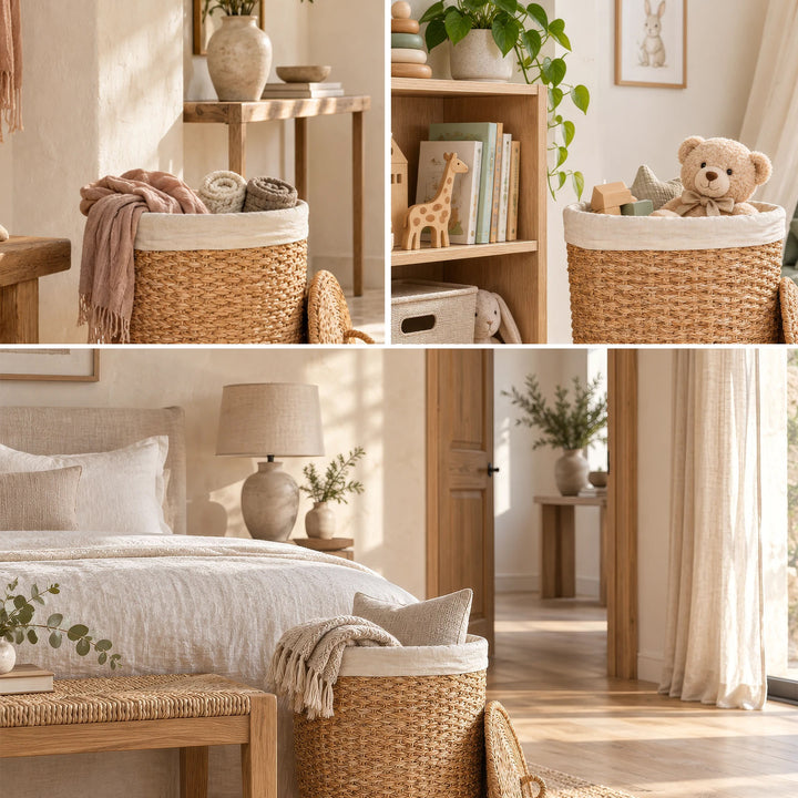 Collage: cesto portabiancheria in alghe marine con coperchio per sciarpe, giocattoli e coperte, da collocare nell’ingresso, nella cameretta dei bambini e nella camera da letto.