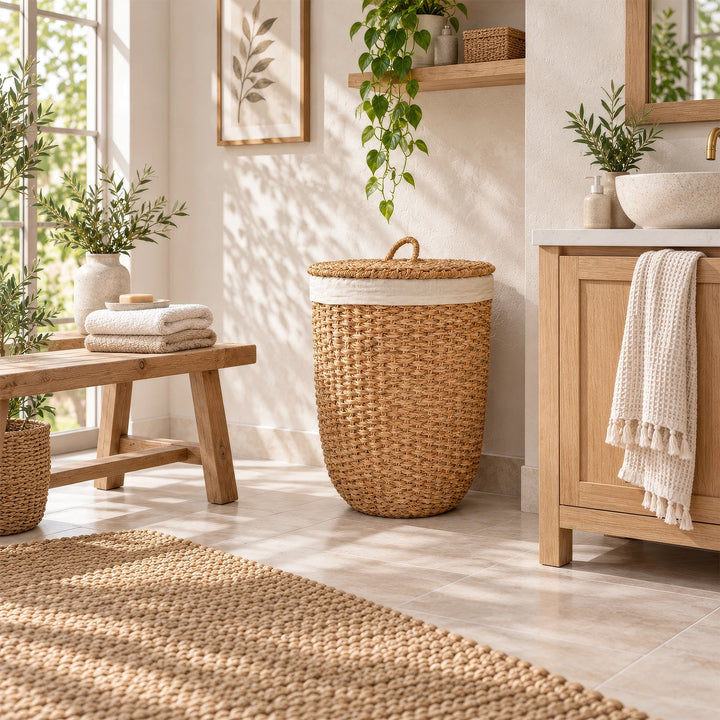 Cesto portabiancheria con coperchio, realizzato in alghe marine di colore naturale e con un inserto in tessuto chiaro, accanto a un lavabo in legno nel bagno.