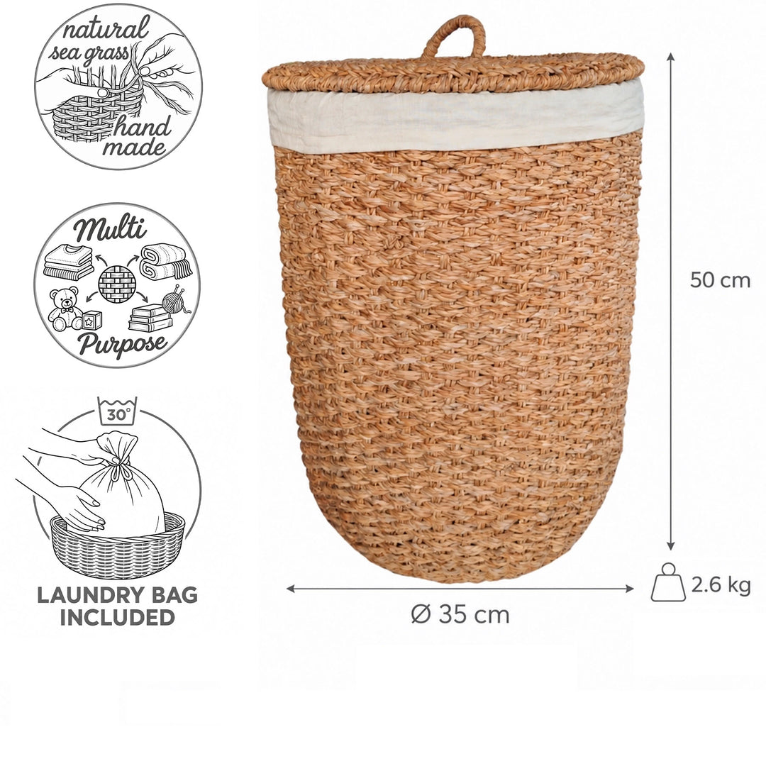Dimensioni del cesto portabiancheria con coperchio in alghe marine: Ø 35 cm, altezza 50 cm, 2,6 kg; sacchetto portabiancheria lavabile a 30 °C.