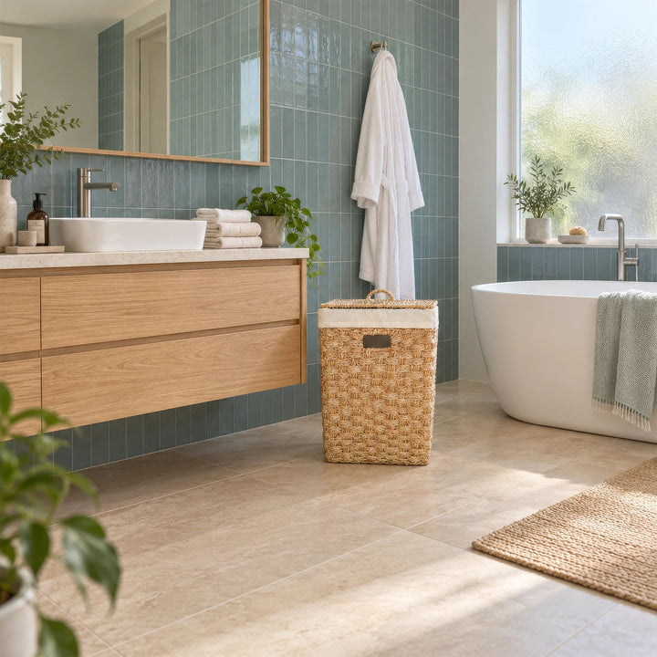 Cesto portabiancheria quadrato in alghe marine con coperchio e una capienza di circa 55 litri, posizionato accanto al lavabo in bagno.