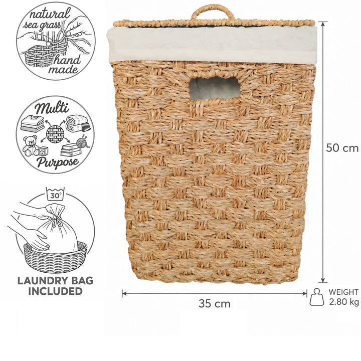 Dimensioni del cesto portabiancheria quadrato in alghe marine con coperchio: 35 × 35 cm, altezza 50 cm, circa 55 litri, peso 2,8 kg.