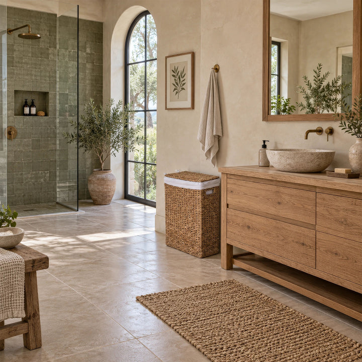 Cesto portabiancheria stretto con coperchio e una capienza di 45 litri, accanto a un lavabo in legno in un bagno in stile mediterraneo.