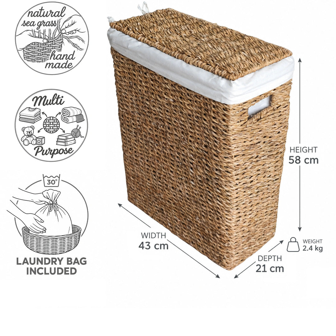 Cesto portabiancheria stretto in alghe marine con una capienza di 45 litri: 43×21×58 cm (L×P×A), 2,4 kg, con coperchio e sacchetto per la biancheria.
