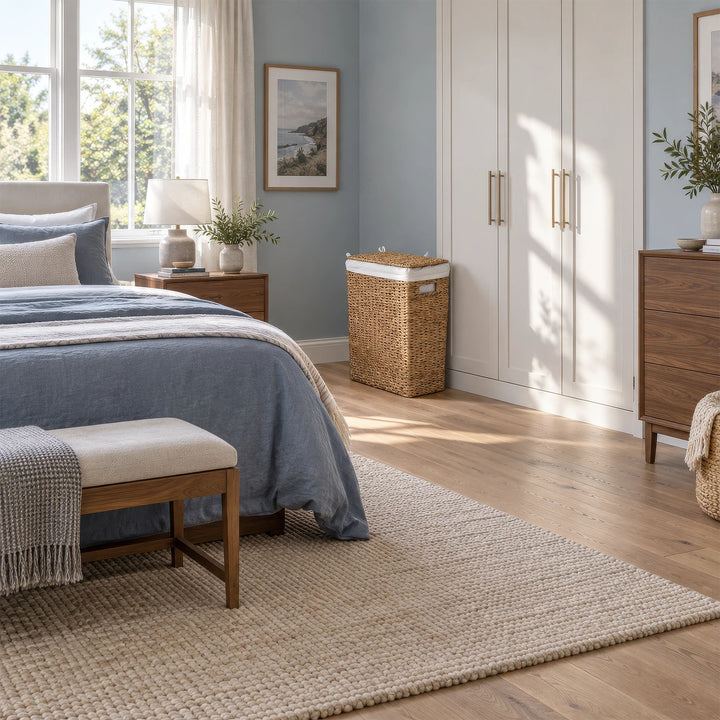 Un cesto della biancheria stretto con coperchio e una capacità di 45 litri, accanto a un armadio bianco nella luminosa camera da letto.