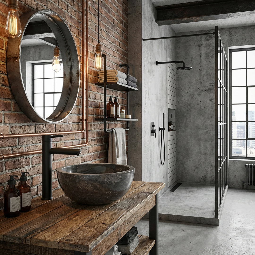 Rundes Waschbecken aus dunklem Naturmaterial auf Holzwaschtisch mit schwarzer Armatur im industriellen Loftbad