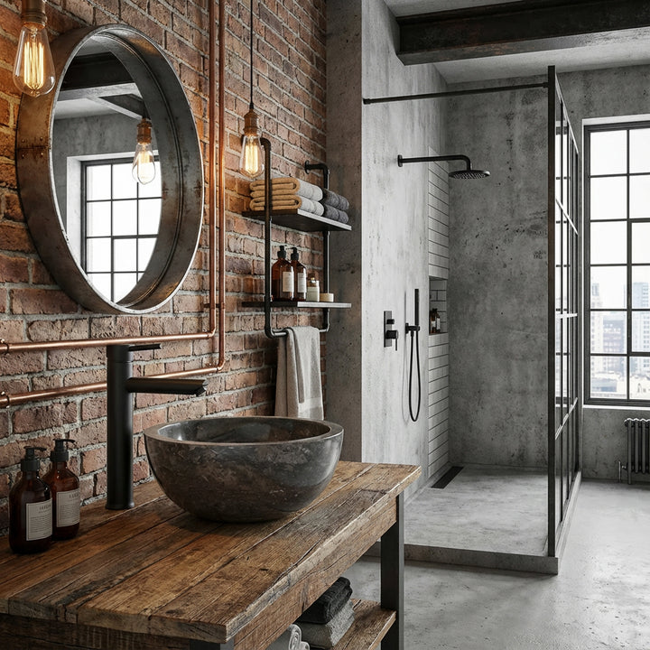 Rundes Waschbecken aus dunklem Naturmaterial auf Holzwaschtisch mit schwarzer Armatur im industriellen Loftbad