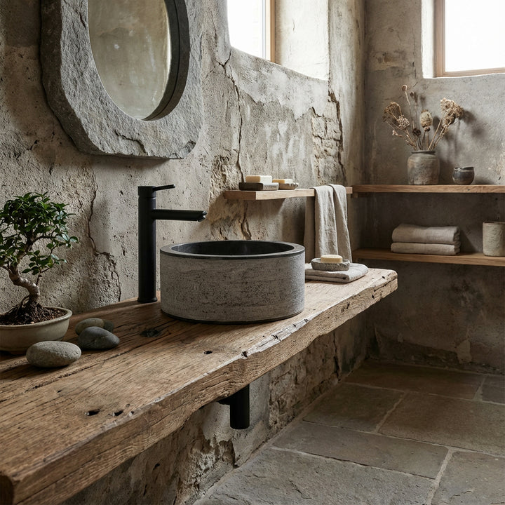 Rundes Waschbecken aus Naturstein auf rustikaler Holzkonsole, ruhig inszeniert im minimalistischen Spa-Bad mit Naturtönen.