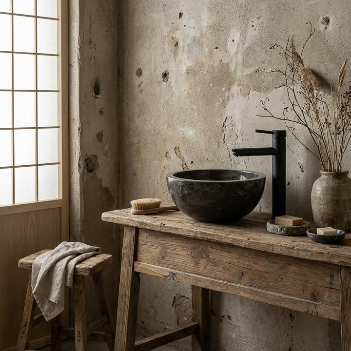 Rundes Waschbecken aus dunklem Stein auf rustikalem Holztisch mit schwarzer Armatur im minimalistischen Badambiente
