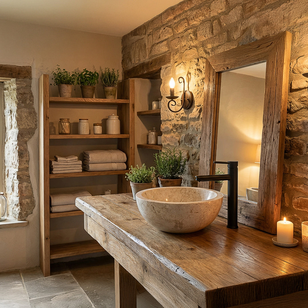 Rundes Aufsatzwaschbecken aus hellem Stein auf rustikalem Holztisch mit schwarzer Armatur im warmen Landhausbad
