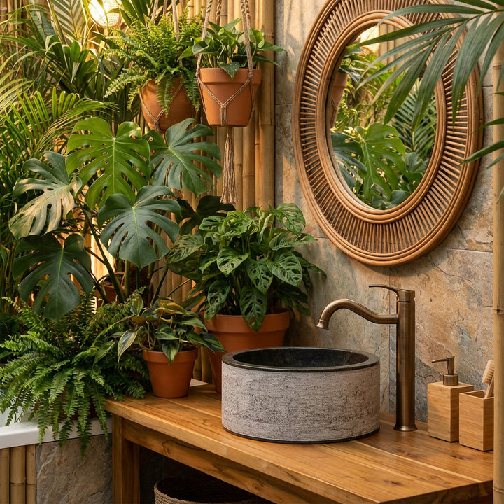 Rundes Steinwaschbecken auf Holzkonsole, umgeben von üppigen Pflanzen und Bambusdetails im natürlichen Spa-Bad-Ambiente.