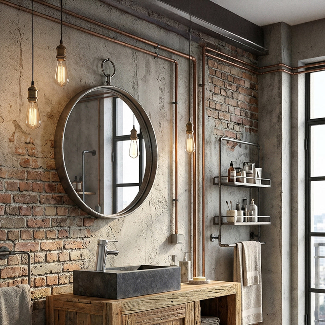 Eckiges Waschbecken aus Stein auf Holzwaschtisch im industriellen Loft-Badezimmer, kombiniert mit verchromter Armatur, Backsteinwand, sichtbaren Kupferrohren und warmem Licht
