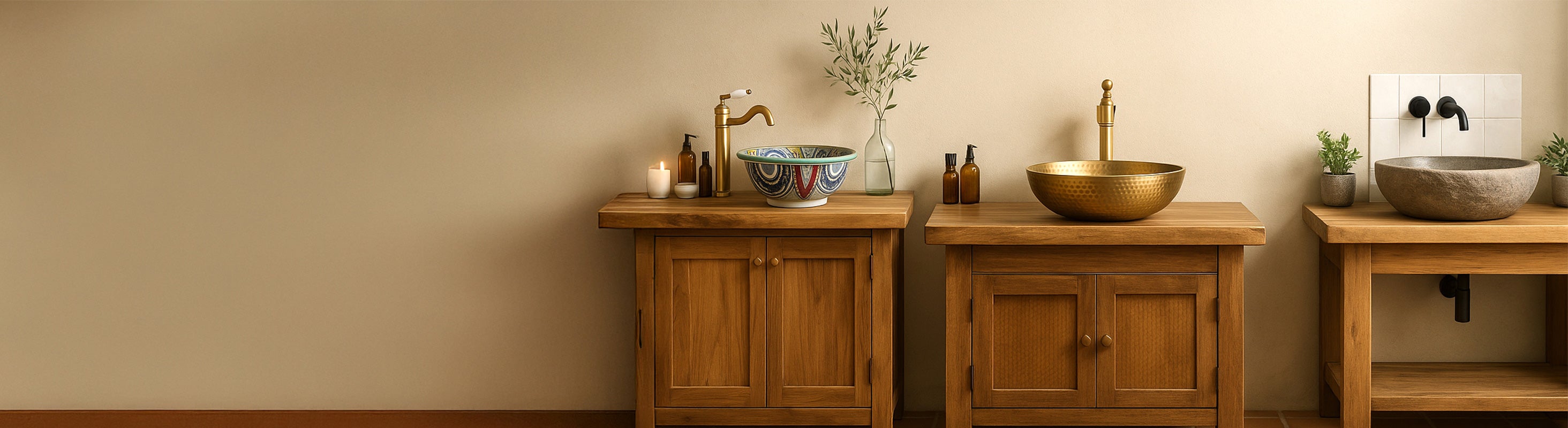 lavandino – Drei hochwertige Waschbecken aus Naturstein, Metall und Keramik auf rustikalen Holz-Waschtischen vor heller Wand – modernes Showroom-Ambient